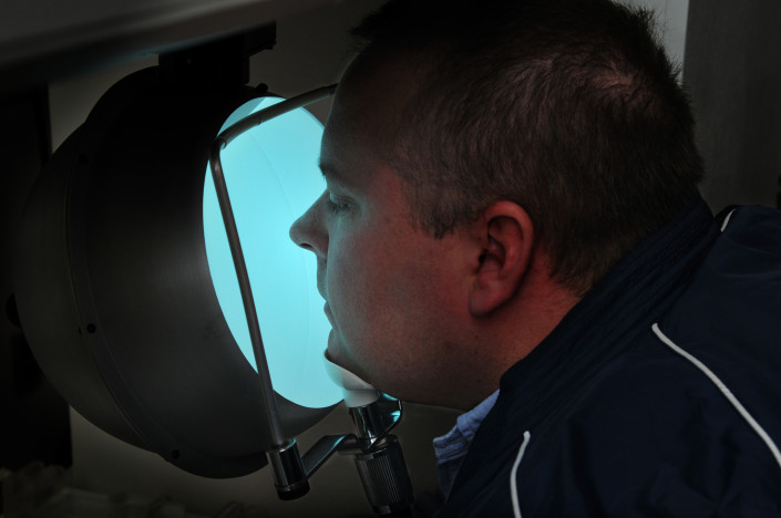 A study subject undergoes Ganzfeld exposure to monochromatic blue light at Jefferson Medical College of Thomas Jefferson University. The goal of this project is to provide lighting in spaceflight that improves the sleep and biological rhythms of astronauts.